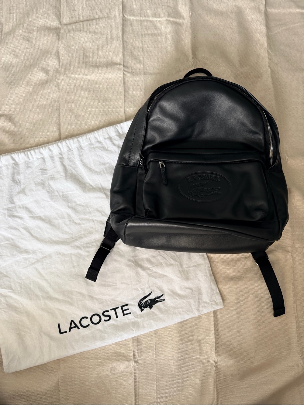 Lacoste Black Smooth Leather Backpack with Embossed Logo